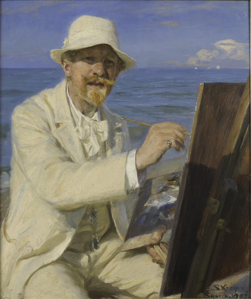 P.S. Krøyer (Danish, 1851–1909) Self-Portrait, Sitting by his Easel at Skagen Beach, 1902-png